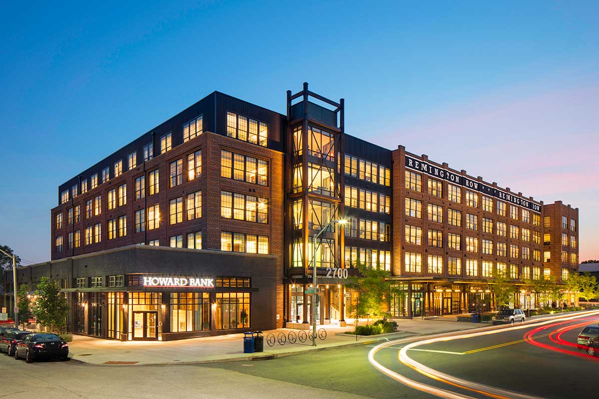 A night shot of Remington Row apartment building