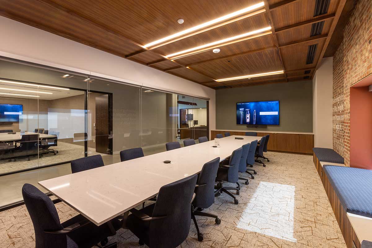 An interior shot of a conference room of the Dollar Shave Club